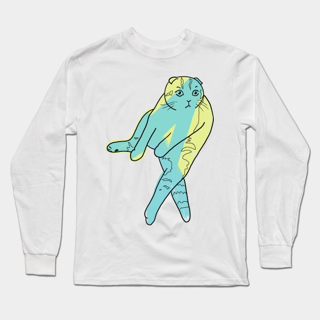 Scottish Fold Cat Sitting Blue/Green and Yellow Design Long Sleeve T-Shirt by ursoleite